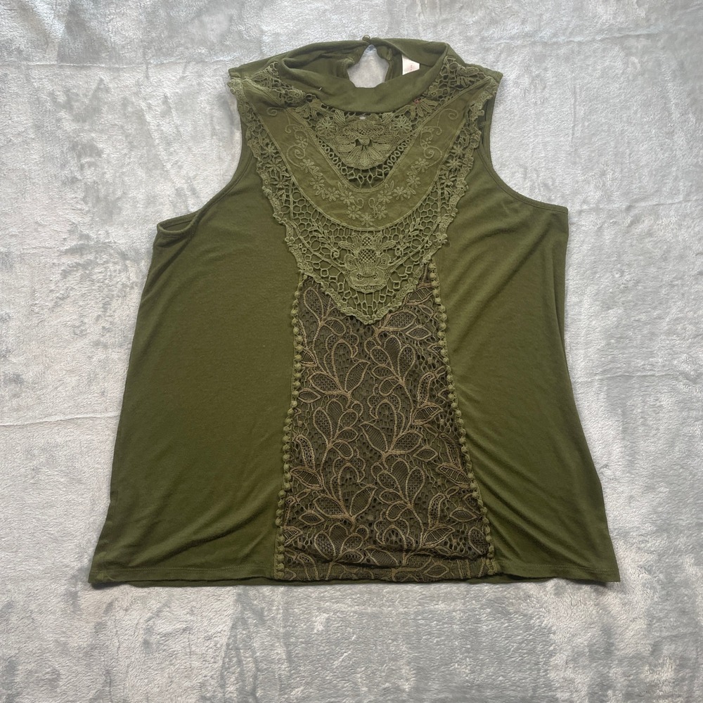 No Boundaries Olive Green Lace Inset Mock Neck Sleeveless Tank Top XL‎